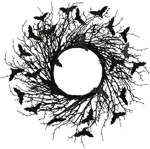 Sggvecsy 17.7"Artificial Black Twig Wreath with Glitter Bats - Handmade Sparkling Hanging Decorat... | Amazon (US)