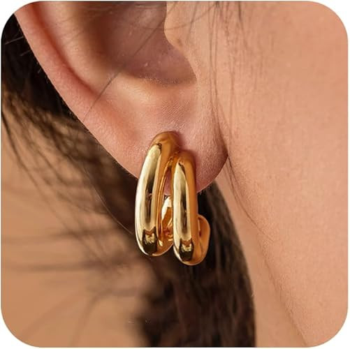 Gold Hoop Earrings for Women - Chunky Earrings 14K Gold Plated Earrings Trendy Hoops Small Thick ... | Amazon (US)