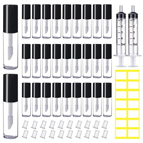 AMORIX 50PCS Mini Lip Gloss Tubes with Wand 1.2ml Empty Containers Clear Refillable Travel Lip Balm Bottles for Samples with 5ml Syringes DIY Lip Gloss Base + Tag Labels Stickers (Black) | Amazon (US)