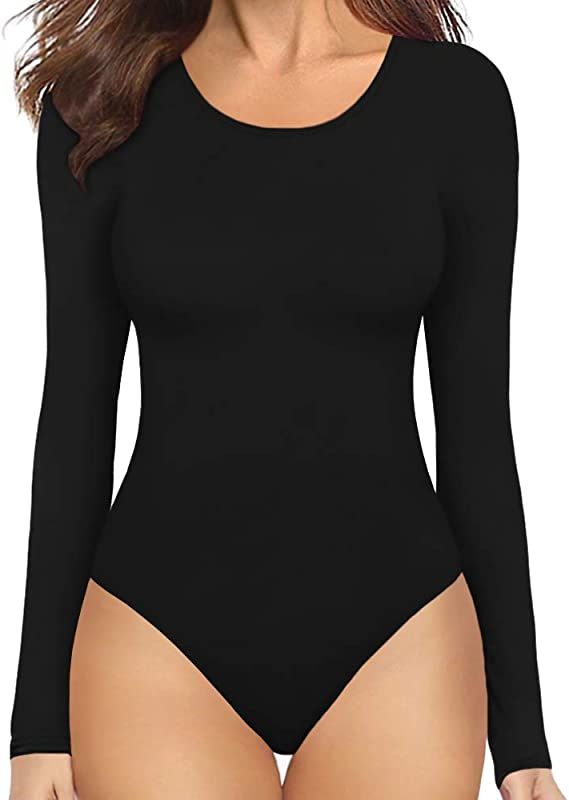 MANGOPOP Women's Round Collar Clothing Short Sleeve Long Sleeve Tops T Shirt Bodysuit | Amazon (US)