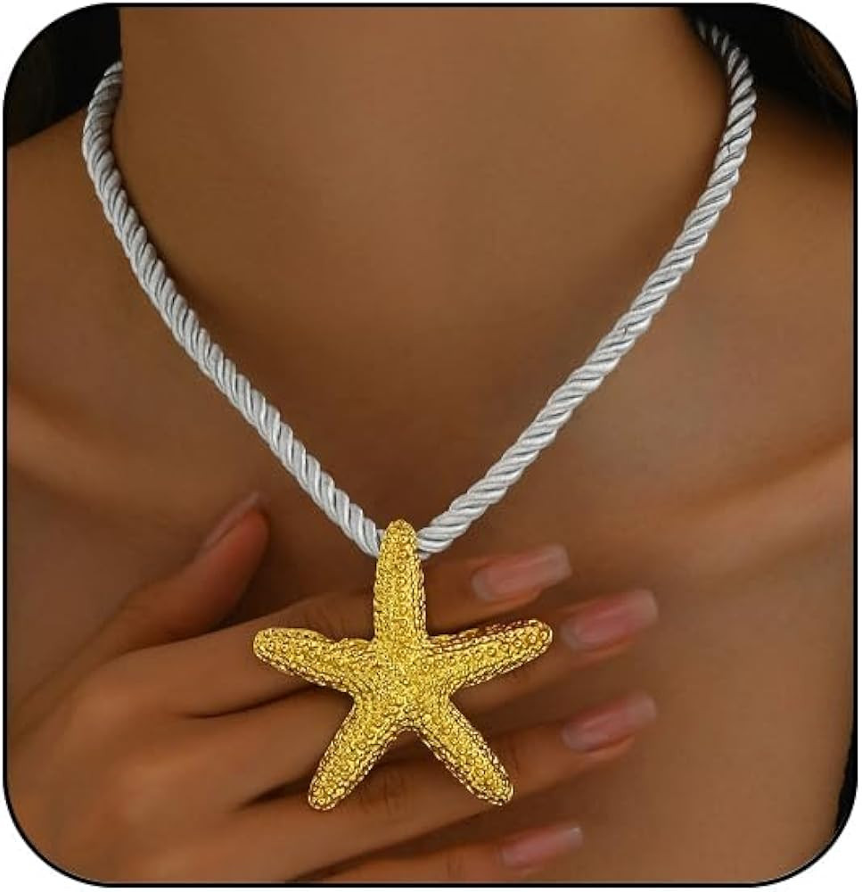 Starfish Necklace Boho Starfish Sea Shell Pendant Choker Leather Necklace Cord Silver Summer Beac... | Amazon (US)