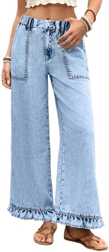 Astylish Wide Leg Jeans for Women Stretch High Wasited Baggy Trendy Denim Jean Ruffle Hem Pants | Amazon (US)