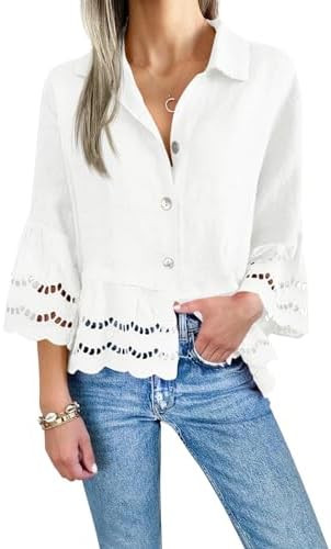Cicy Bell Womens 3/4 Bell Sleeve Button Down Shirts Casual Ruffle Hem Tops Eyelet Blouse | Amazon (US)