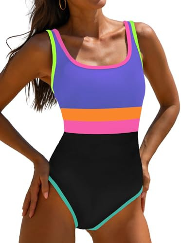 popvil Women's One Piece Swimsuits 2025 Tummy Control -Slimming Bathing Suit Neon 1 Piece Beach Outfit Sexy Sport Swim Suits,Purple Pink,Large | Amazon (US)