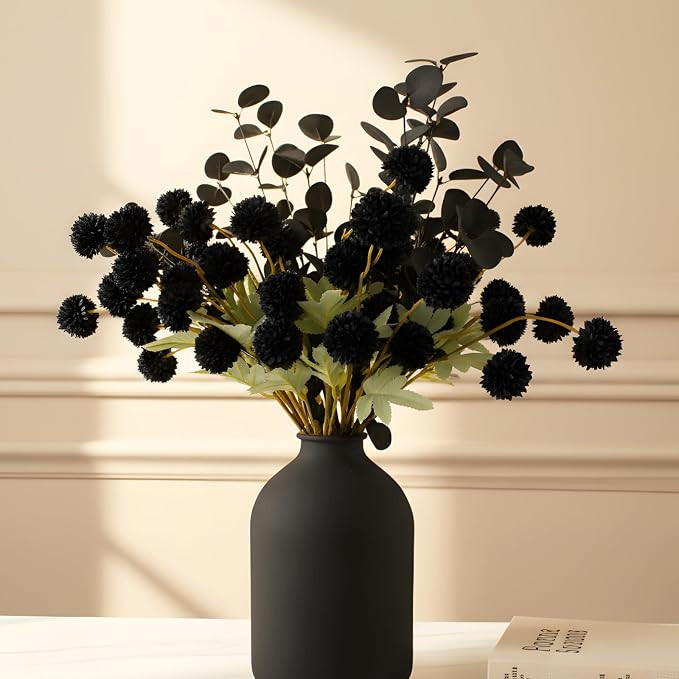 12 Black Artificial Flowers & Eucalyptus Long Stems, Halloween Decor | Amazon (US)