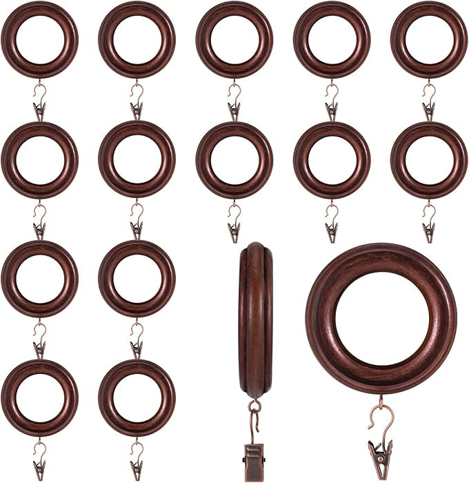 16 Pack Curtain Rod Rings Wooden with Drapery Clips 3 Inch Outer Diameter Retro Brown Beech Wood ... | Amazon (US)