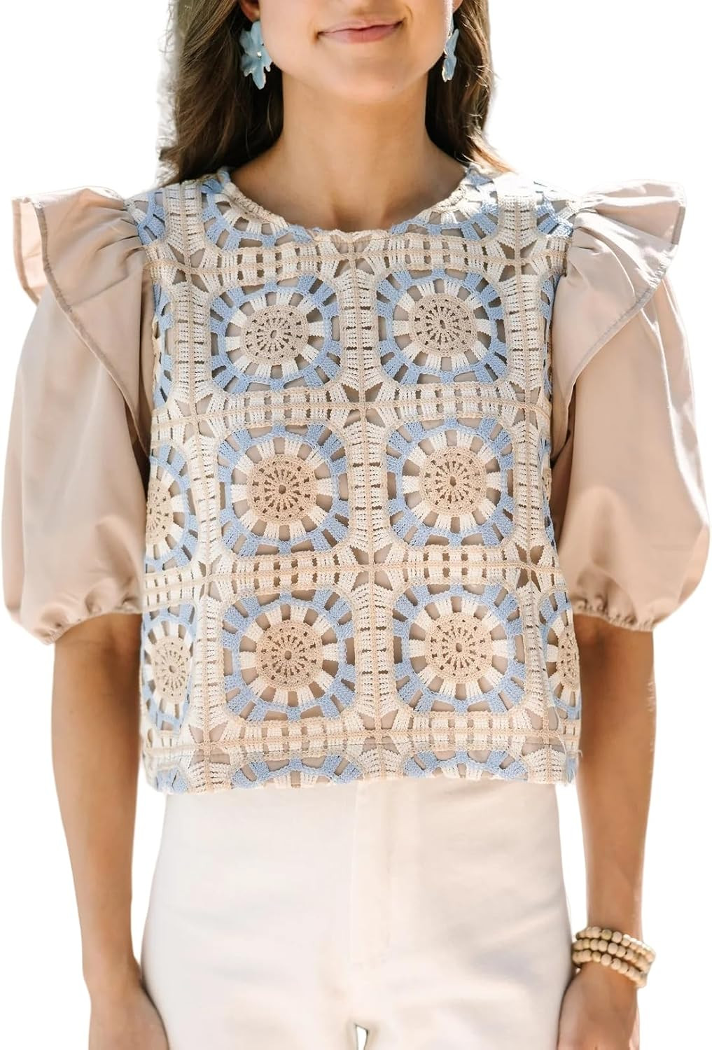 EZAPINE Women Crochet Crop Tops Summer Floral Eyelet Cute Ruffle Sleeve Round Neck Boho Dressy Casual T Shirts | Amazon (US)