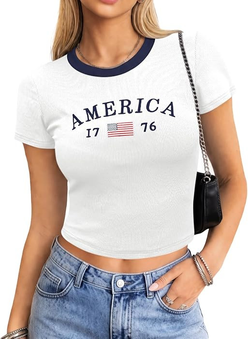 Women's 4th of July Crop top American Flag Embroidery Y2K USA Patriotic Ribbed Short Sleeve Shirt... | Amazon (US)