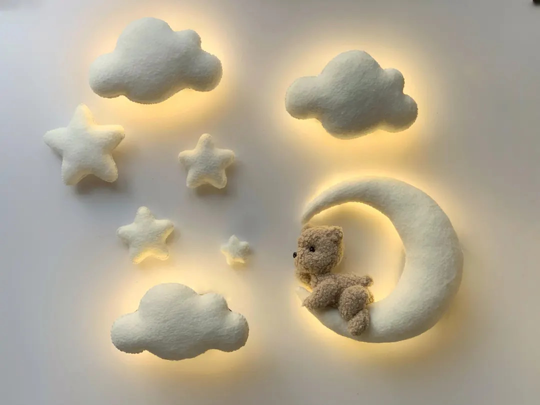 Handmade Bouclé Nursery Light Set: Teddy Bear, Moon, Stars, Clouds - Etsy | Etsy (US)