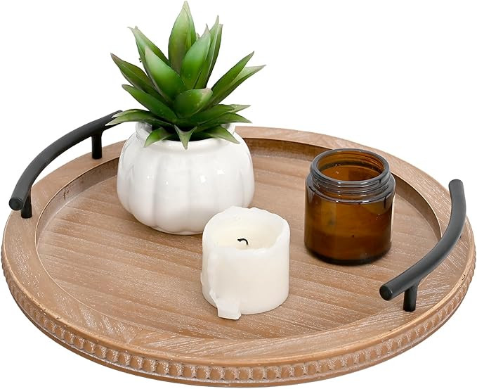 Brown Wooden Beaded Serving Tray with Handle Decorative Rustic Tray for Coffee Table Farmhouse Ro... | Amazon (US)