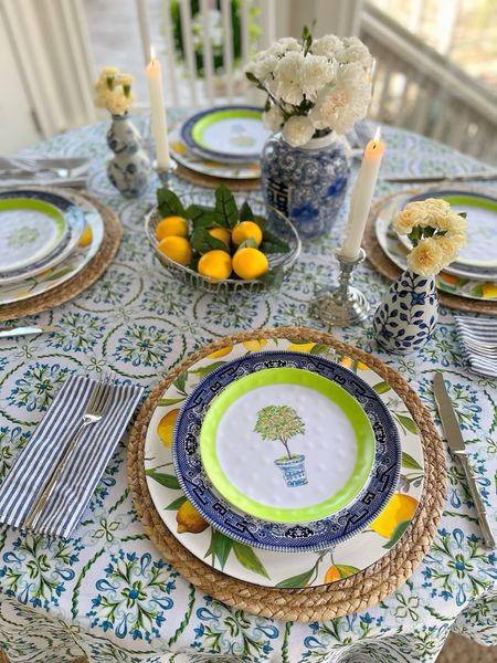 Lemon theme table, bamboo flatware, placemats, ginger jar, blue & white decor 

#LTKHome #LTKFindsUnder50 #LTKFindsUnder100