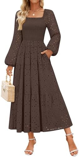 ZESICA Women's Fall Long Sleeve Maxi Dresses 2025 Square Neck Hollow Out Eyelet Smocked A Line Co... | Amazon (US)