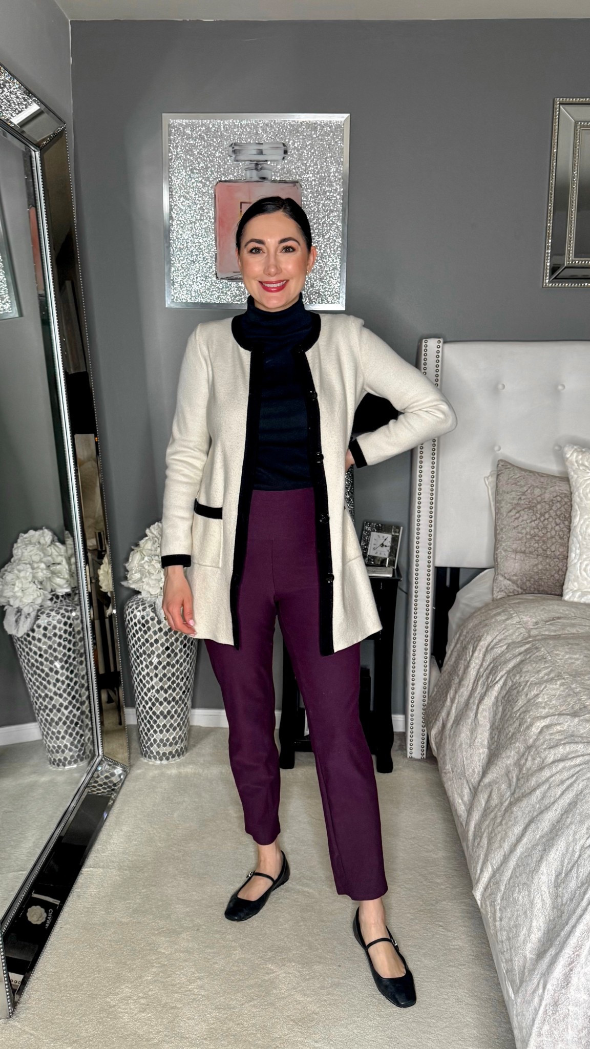 Business casual work outfit of the day 💜

White cardigan 
Black turtleneck 
Dark purple pants 
Black Mary Jane’s 

Work wear 
Office outfit 
Work ootd 

#LTKootd #LTKSeasonal #LTKWorkwear