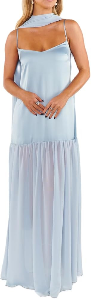 Womens Y2k Tube Strapless Pleated Maxi Dress with Scarf Maternity Silk Satin Formal Cocktail Ruff... | Amazon (US)