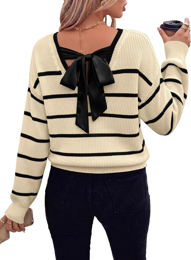 EVALESS Striped Sweaters for Women Long Sleeve Bow Knot Pullover Tops 2026 | Fall Outfits, Trendy... | Amazon (US)