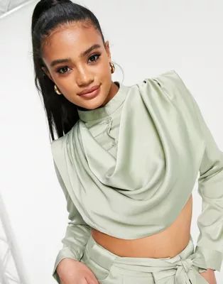 Aria Cove satin drape front cropped shirt in green - part of a set | ASOS (Global)