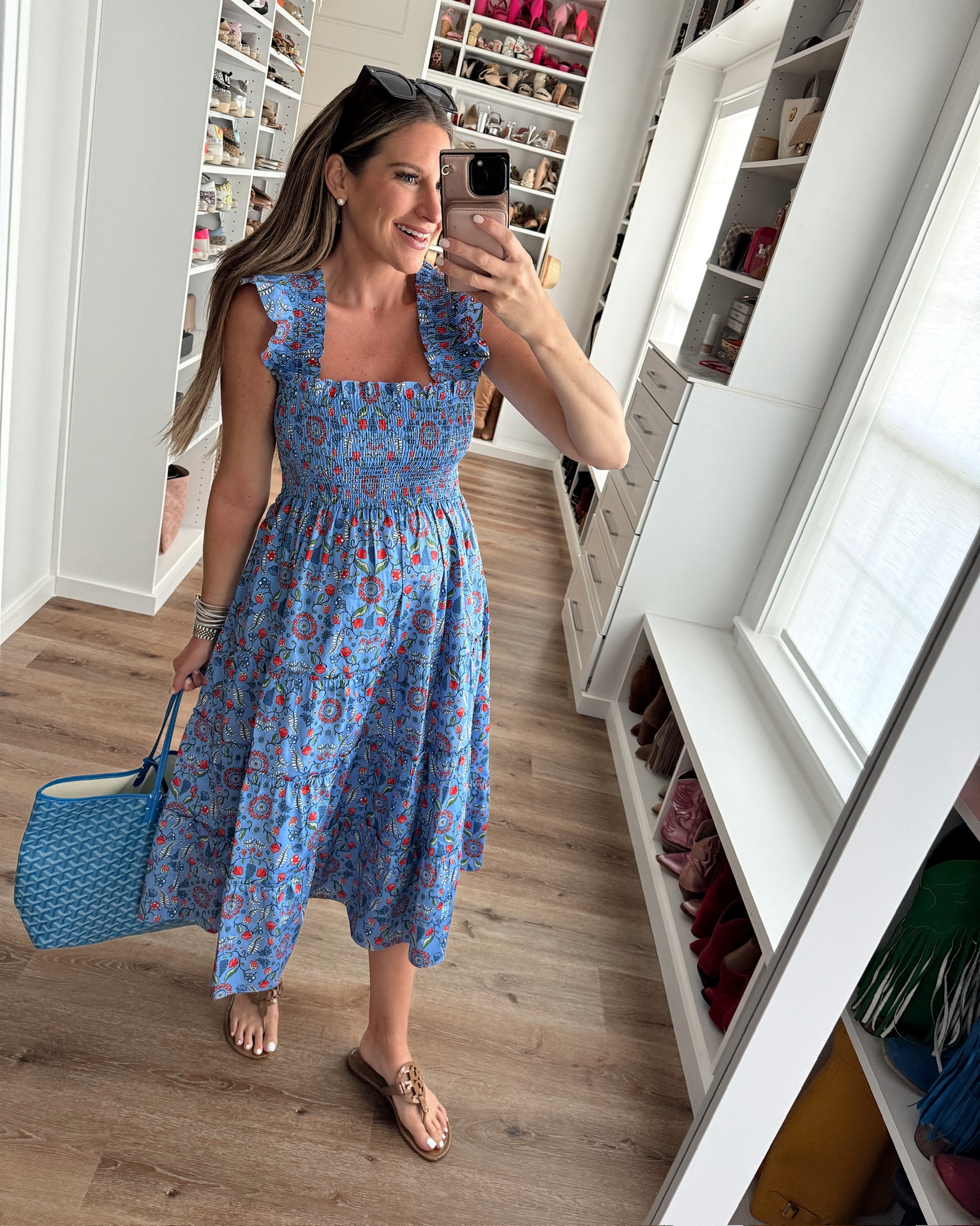 In a small smocked top midi dress, sunglasses, sandals and accessories - all fits TTS.

#LTKStyleTip #LTKSeasonal #LTKBump