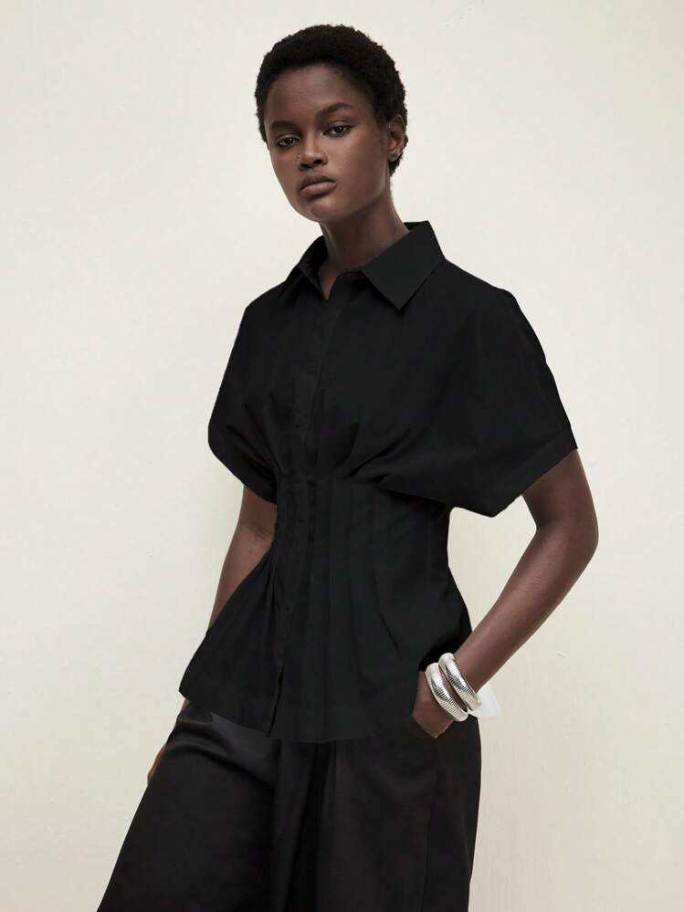 BizChic Women's Black Collar Waist Striped Cinched Waist Front Button Shirt, Urban Commute Basic Minimalist Elegant Fashionable Business Casual, Suitable For Office, Teacher, Wedding Guest, Concert | SHEIN