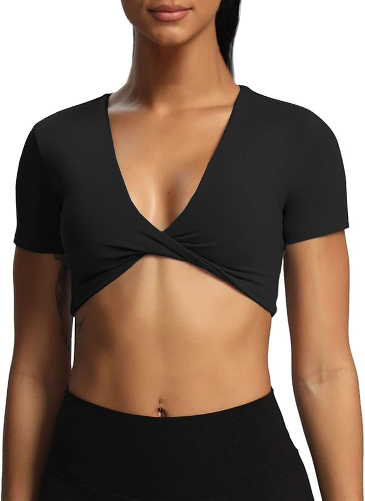 Aoxjox Short Sleeve Crop Tops for Women Sienna Twist Deep V Workout Crop T Shirt Top | Amazon (US)