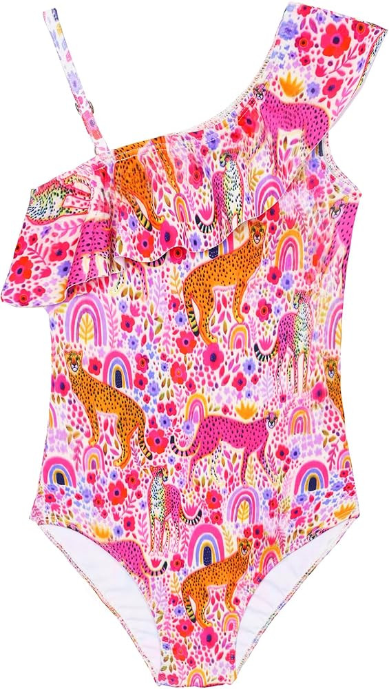 Girls Swimsuit One Piece Bathing Suit Kids Summer Hawaiian One Shoulder Ruffle Swimwear for 3-12 ... | Amazon (US)