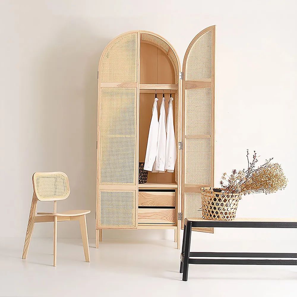 Cottage 2-Door Cane Closet with Hidden Drawers Natural Woven Rattan Cabinet Ash | Homary.com