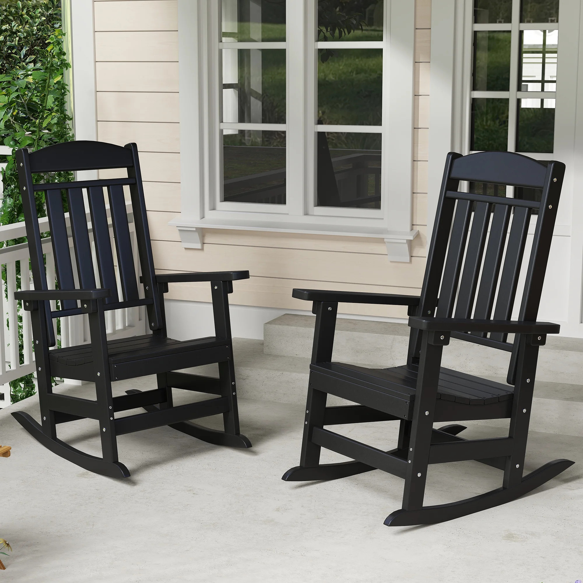 Patio Slat Rocking Chair Set of 2, HDPE Plastic Weather Resistant Porch Rocker,Black | Walmart (US)