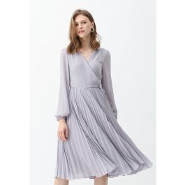 Lilac V-Neck Wrap Pleated Chiffon Dress | Chicwish