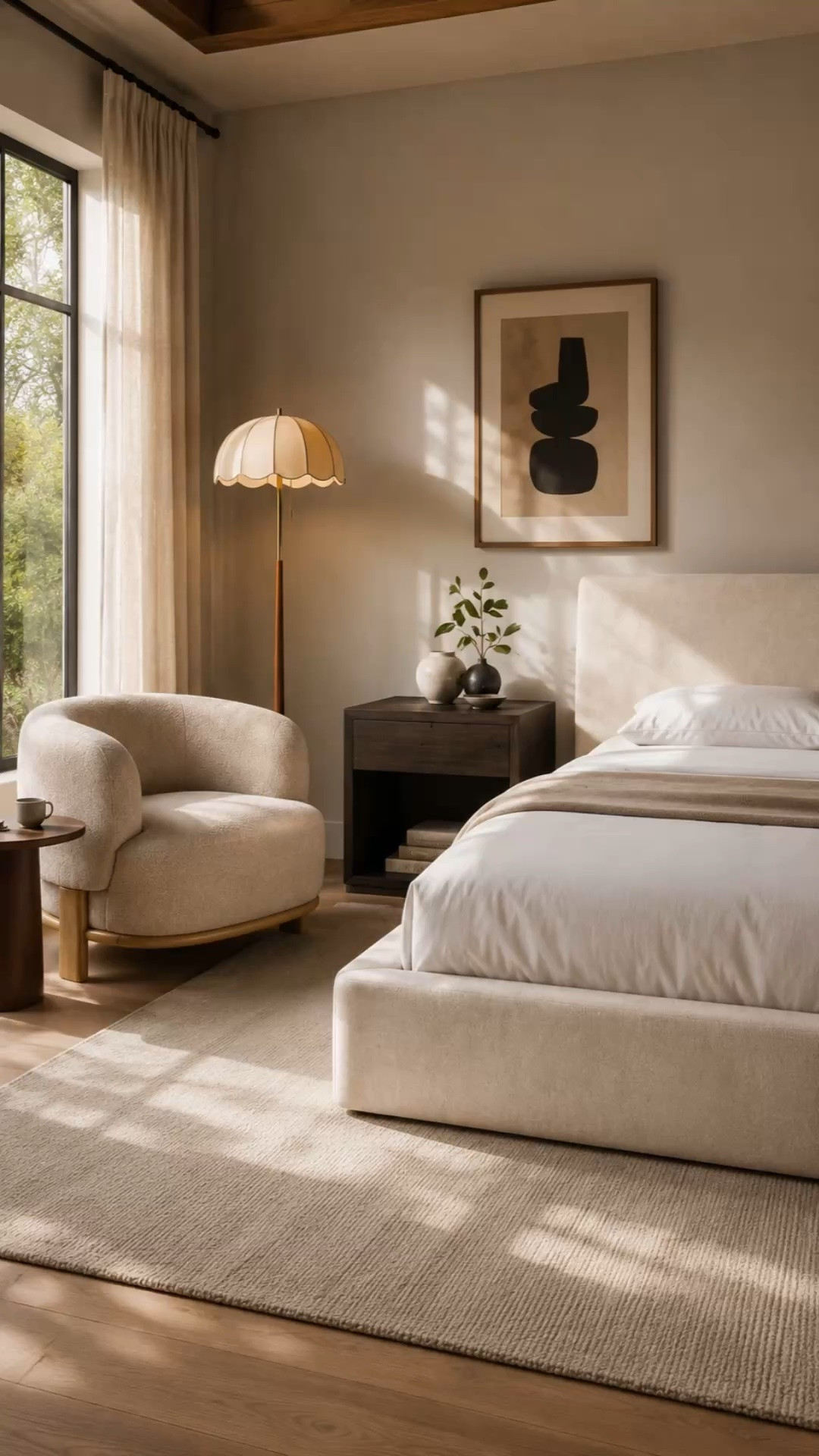 Soft textures, warm wood tones, and the kind of bedroom that instantly slows your mind down 🤍

This space feels like a mix of modern simplicity and cozy luxury — from the sculptural accent chair to the scalloped floor lamp glow at golden hour. Neutral bedrooms will never go out of style ✨

#LTKHome #LTKSaleAlert #LTKSeasonal
