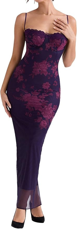 Women Sexy Backless Satin Maxi Dresses Spaghetti Strap Floral Print Dresses Slim Fit Elegant Long... | Amazon (US)