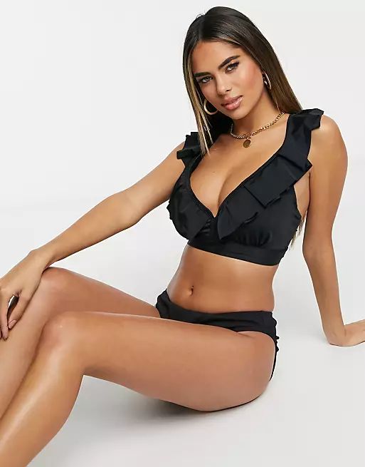 Pour Moi Fuller Bust Space frill bikini top in black | ASOS | ASOS (Global)