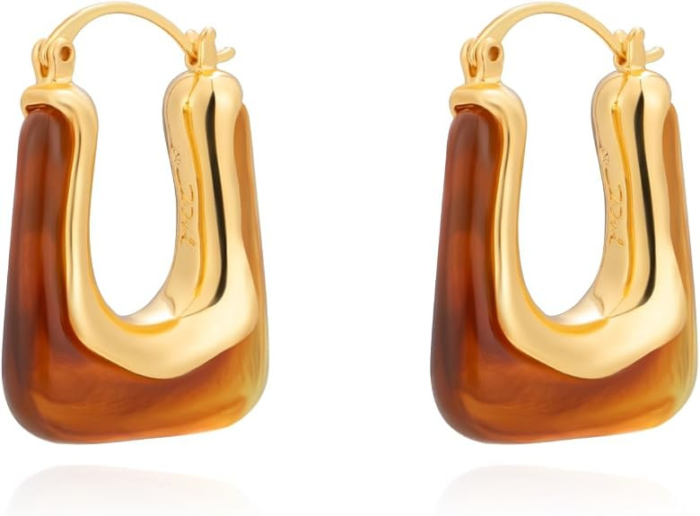Acrylic Gold Hoop Statement Dainty Summer Earrings for Women | Brown Resin Chunky Huggie Vintage ... | Amazon (US)