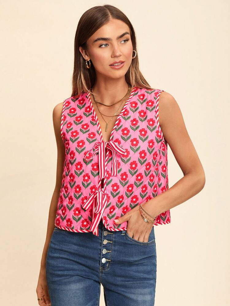 Coeurva Christmas Outfits, Warm Outfits,Autumn And Winter, Comfortable,Pink Retro Cute Floral Print,Vacation Printed Loose Front Tie-Up Warm Jacket Vest For Women | SHEIN