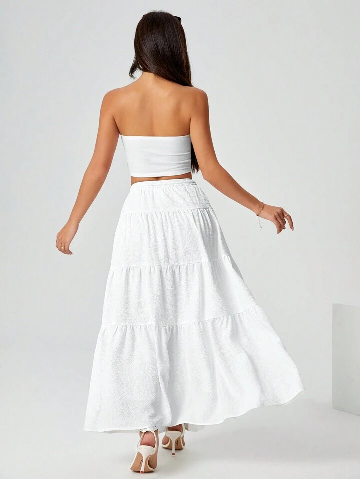 SHEIN PETITE Women's White Knitted Top Woven Long Skirt Two-Piece Set | SHEIN