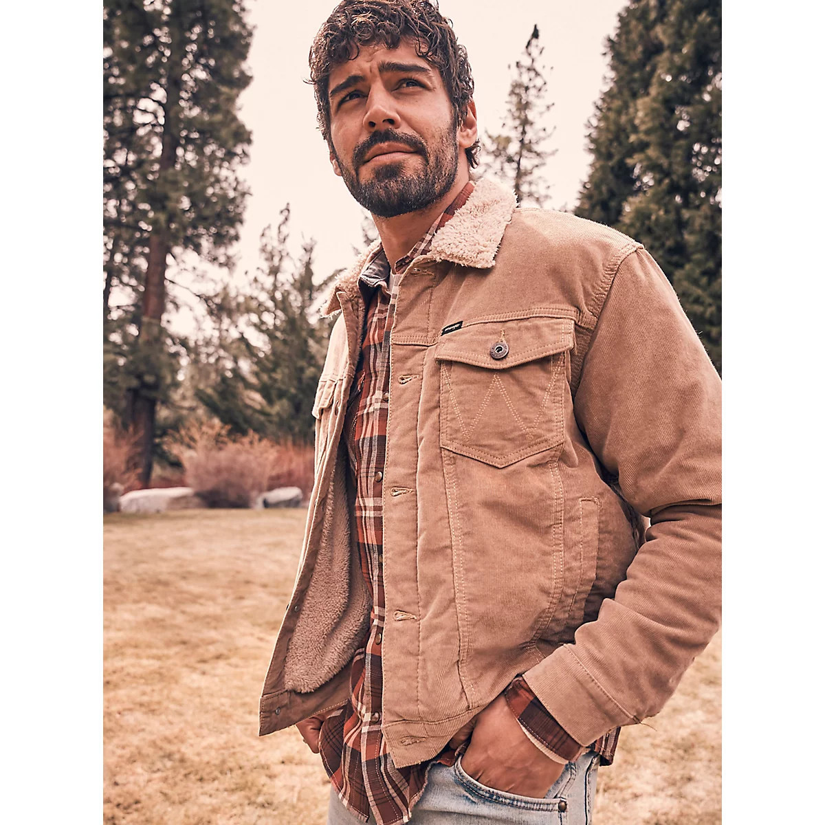 Men's Wrangler® Sherpa Lined Corduroy Trucker Jacket in Acorn | Wrangler