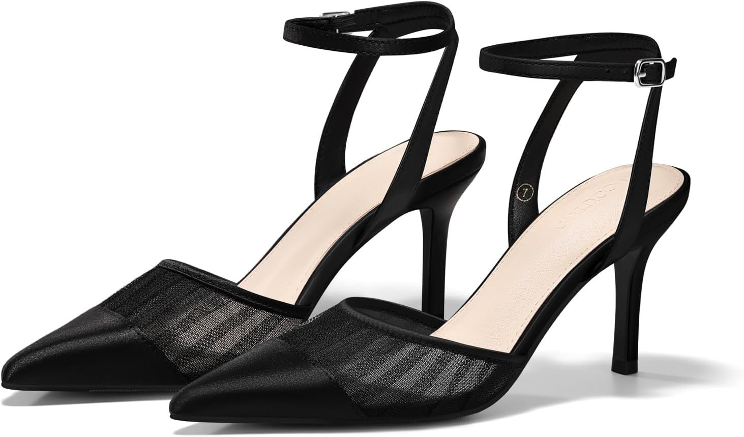 Coutgo Womens Closed Toe High Heels Mesh Satin Pointed Toe Dress Shoes Ankle Strap Pacthwork Wedding Pump Shoes | Amazon (US)