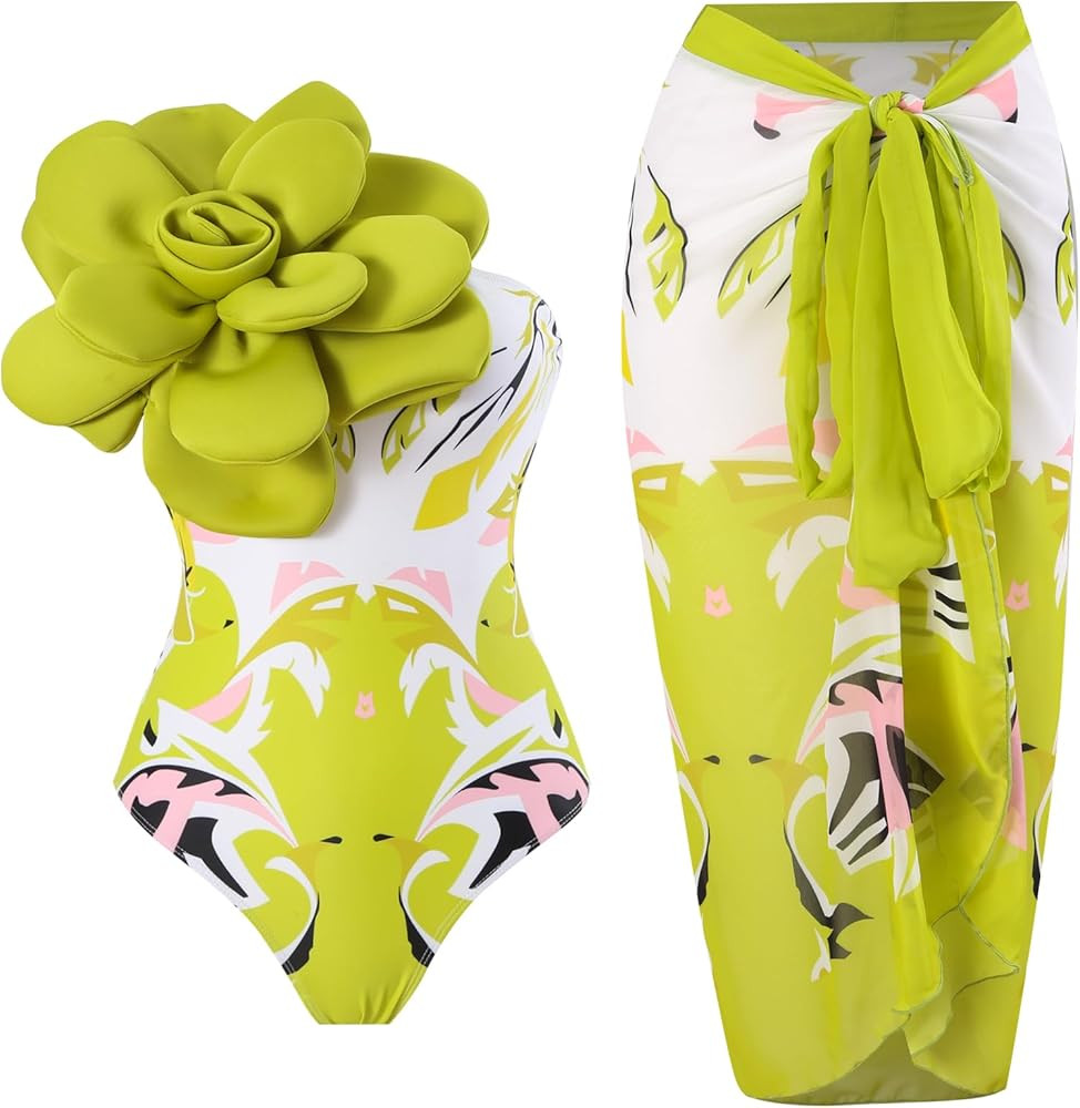 YUNIDMEIM One Shoulder Swimsuits for Women 3D Flower Decoration One Piece Swimsuit with Cover up ... | Amazon (US)