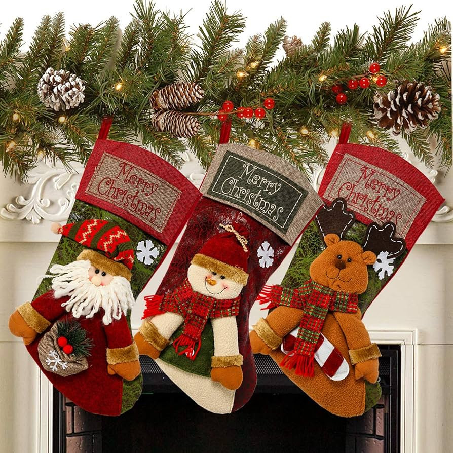 Sunnyglade 3PCS 18" Christmas Stocking Classic Large Stockings Santa, Snowman, Reindeer Xmas Char... | Amazon (US)