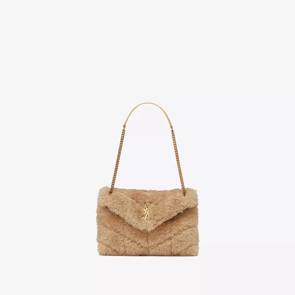 Puffer Small Chain Bag In Merino Shearling And Lambskin Beige One Size | Saint Laurent Inc. (Global)
