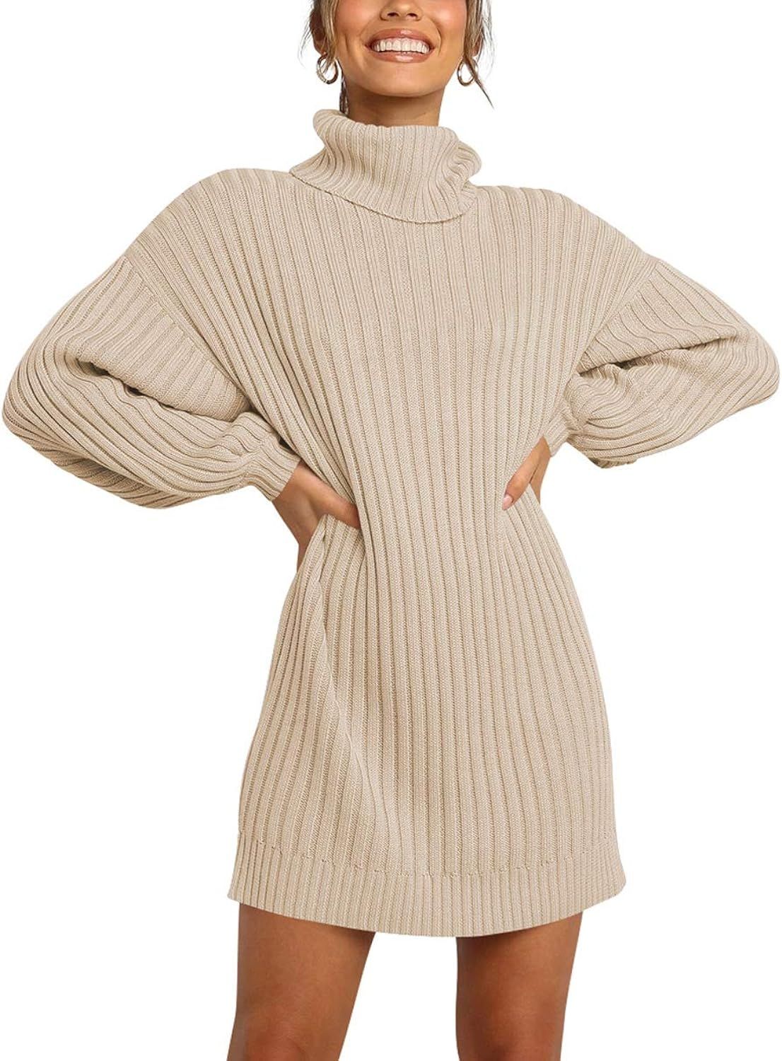 LOGENE Women's Sweater Dress Turtleneck Long Balloon Sleeve Ribbed Knit Oversized Pullover Dresses | Amazon (US)
