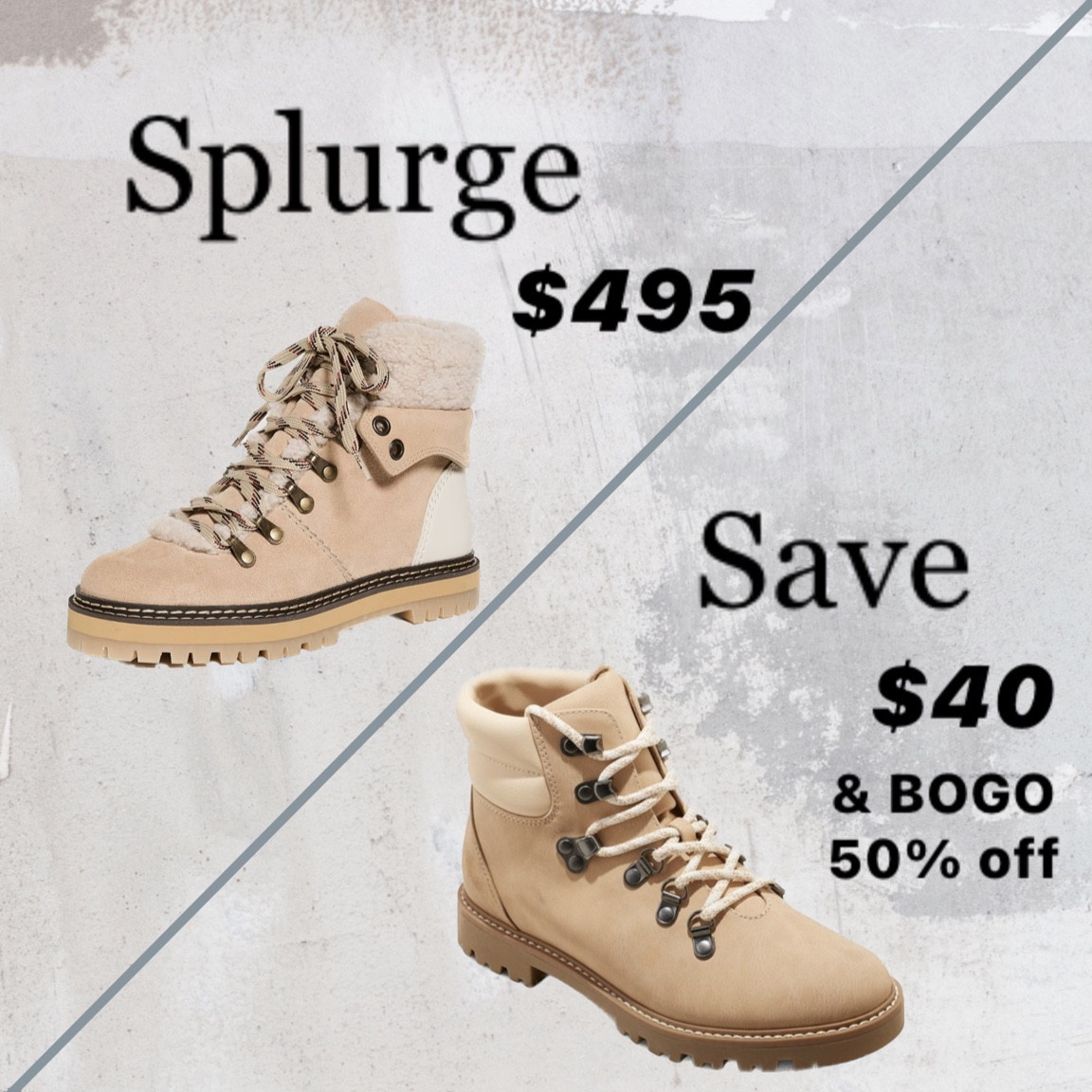 Look for less! Love these cute hiking/winter boots from target! And they are only $40 and BOGO 50% off right now! 

Save vs splurge, tan fall and winter boots, cute snow boots 

#LTKshoecrush #LTKSeasonal #LTKsalealert