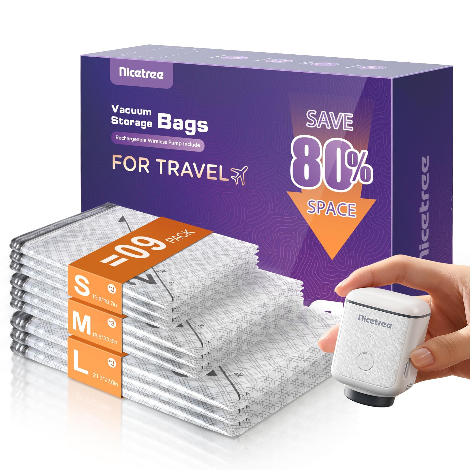 Nicetree 9-Pack Vacuum Storage Bags with Rechargeable Wireless Pump, 3 Sizes (20/24/28 Inch) Trav... | Amazon (US)