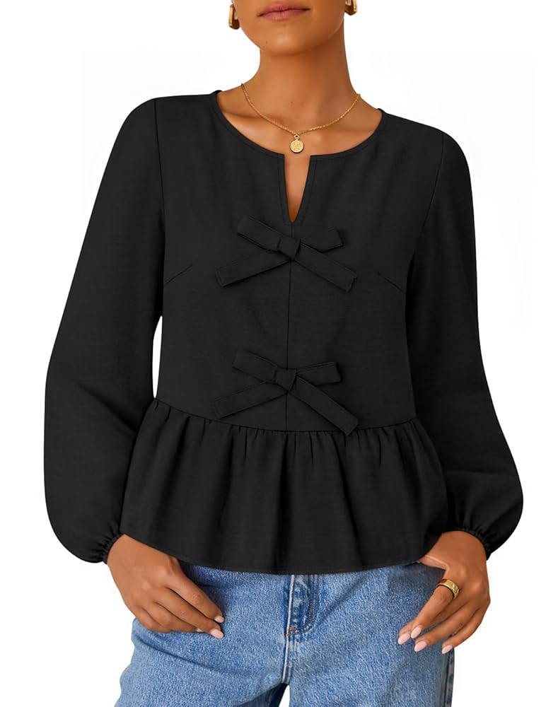 ZESICA Women's Long Sleeve Babydoll Tops Crewneck Tie Front Casual Loose Ruffle Flowy Peplum Shir... | Amazon (US)