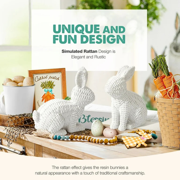 Ayieyill 2 Pcs Easter Rabbit Decor, Easter Rattan Bunny Resin Ornaments for Home Courtyard Tablet... | Walmart (US)