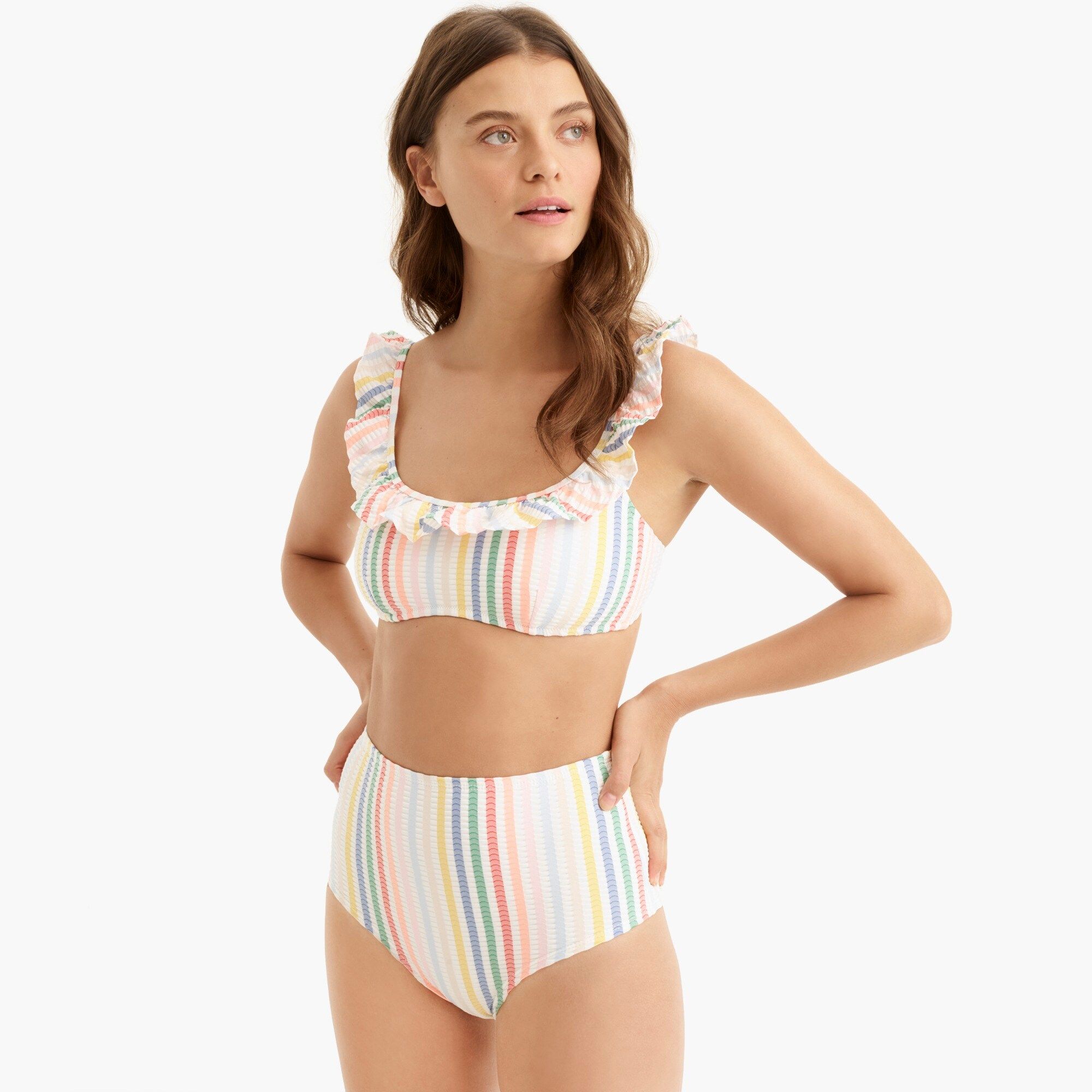 Ruffle bikini top in suckered rainbow stripe | J.Crew US