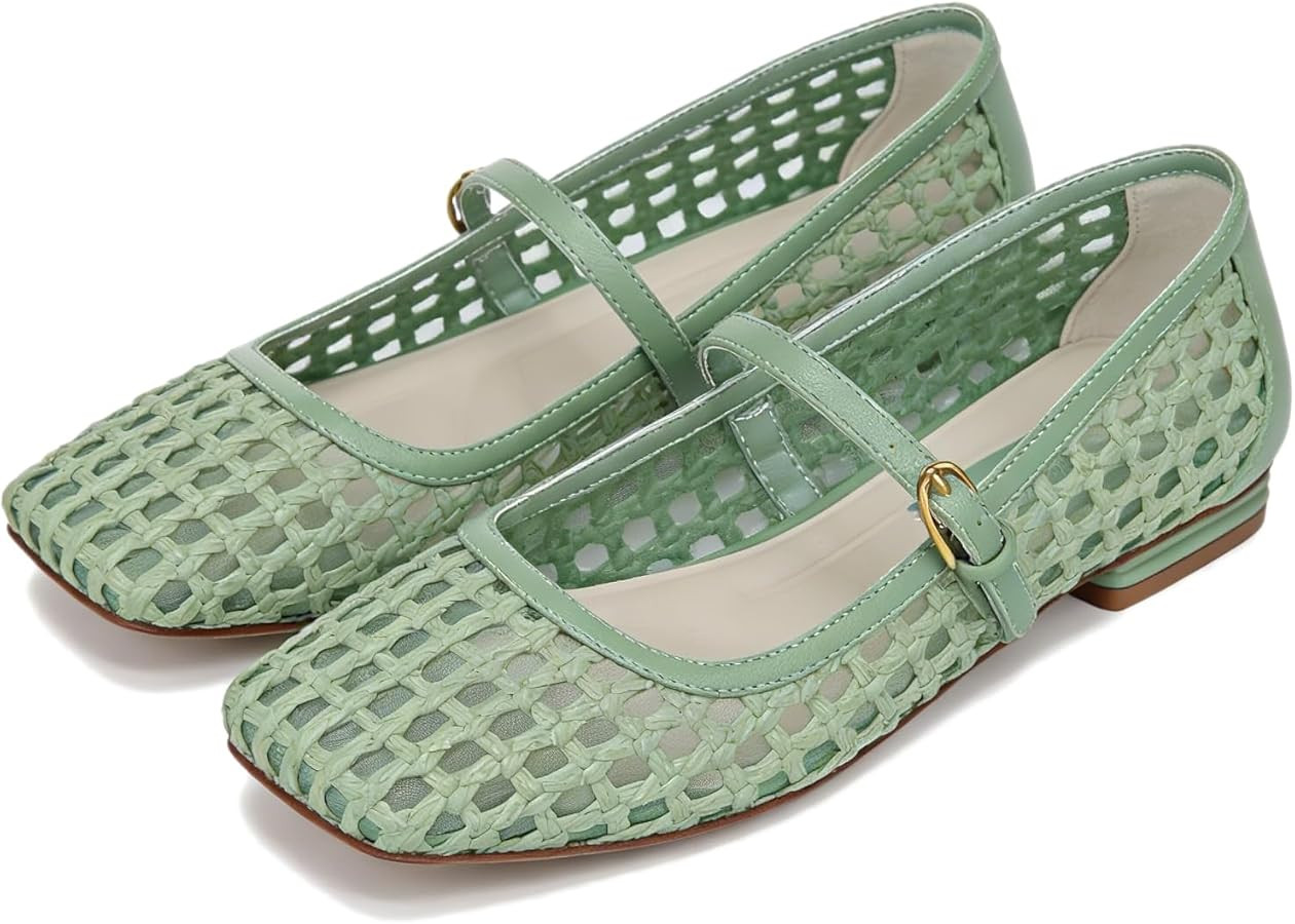 SOVANYOU Women's Ballet Flats Comfortable Mesh Woven Mary Jane Shoes Square Toe Breathable Raffia... | Amazon (US)