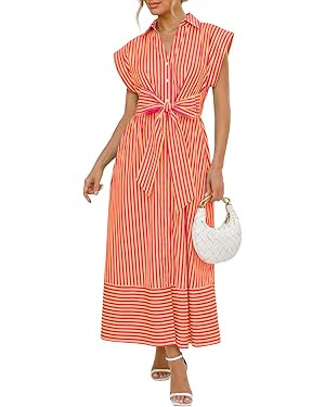 Wenrine Womens Summer Striped Maxi Dresses A Line Cap Sleeve Tie Waist Casual Button Collared Shi... | Amazon (US)