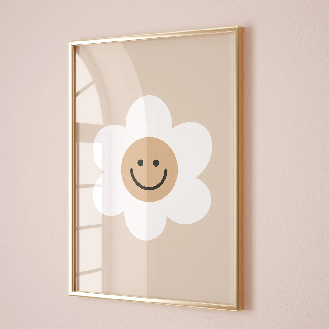 Beige Smiley Daisy Print, Boho Daisy Nursery Decor, Girl Bedroom Prints, Nursery Neutral Wall Art... | Etsy (US)