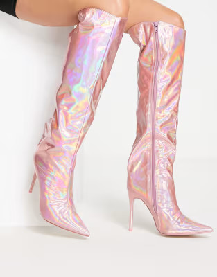 Public Desire Independent metallic knee boots in pink | ASOS (Global)