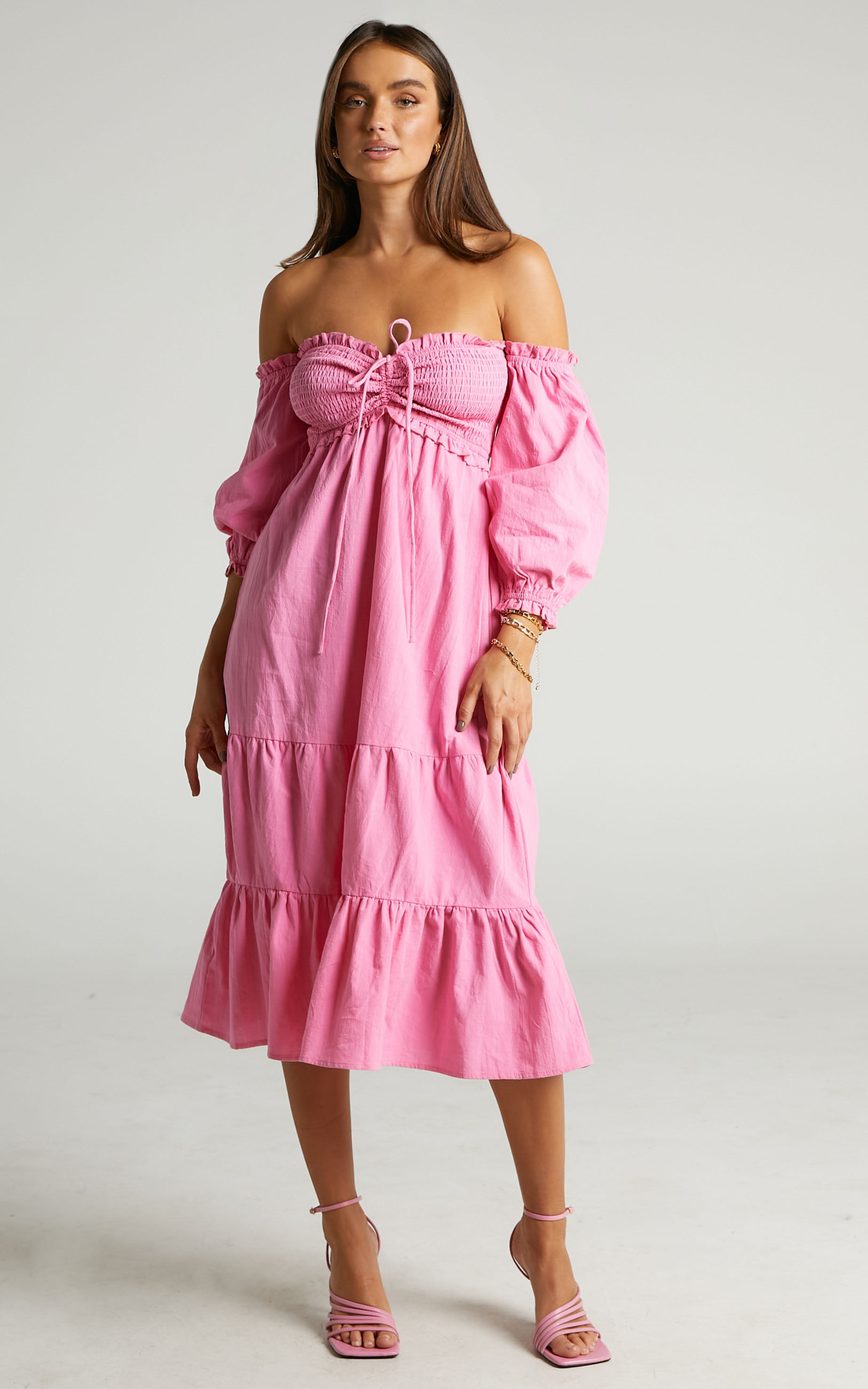 Nikka Midi Dress - Shirred Off Shoulder Puff Sleeve Dress in Pink | Showpo (US, UK & Europe)