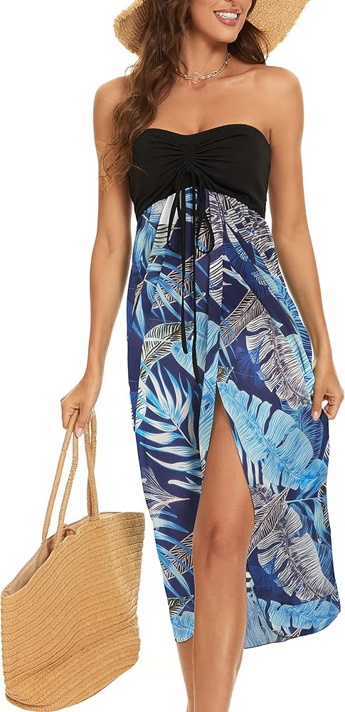 Women's Beach Dress Summer Maxi Sundress Strapless Hawaiian Cover Ups Asymmetrical Wrap Dresses | Amazon (US)